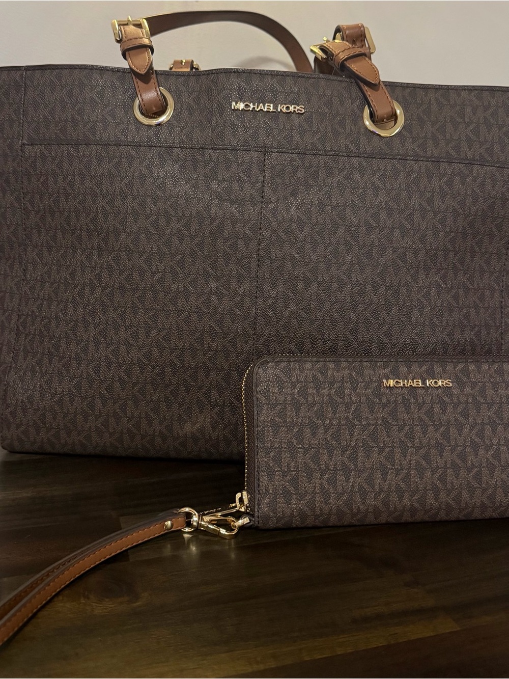 Michael Kors Brown Signature Logo Tote with Matching Wristlet